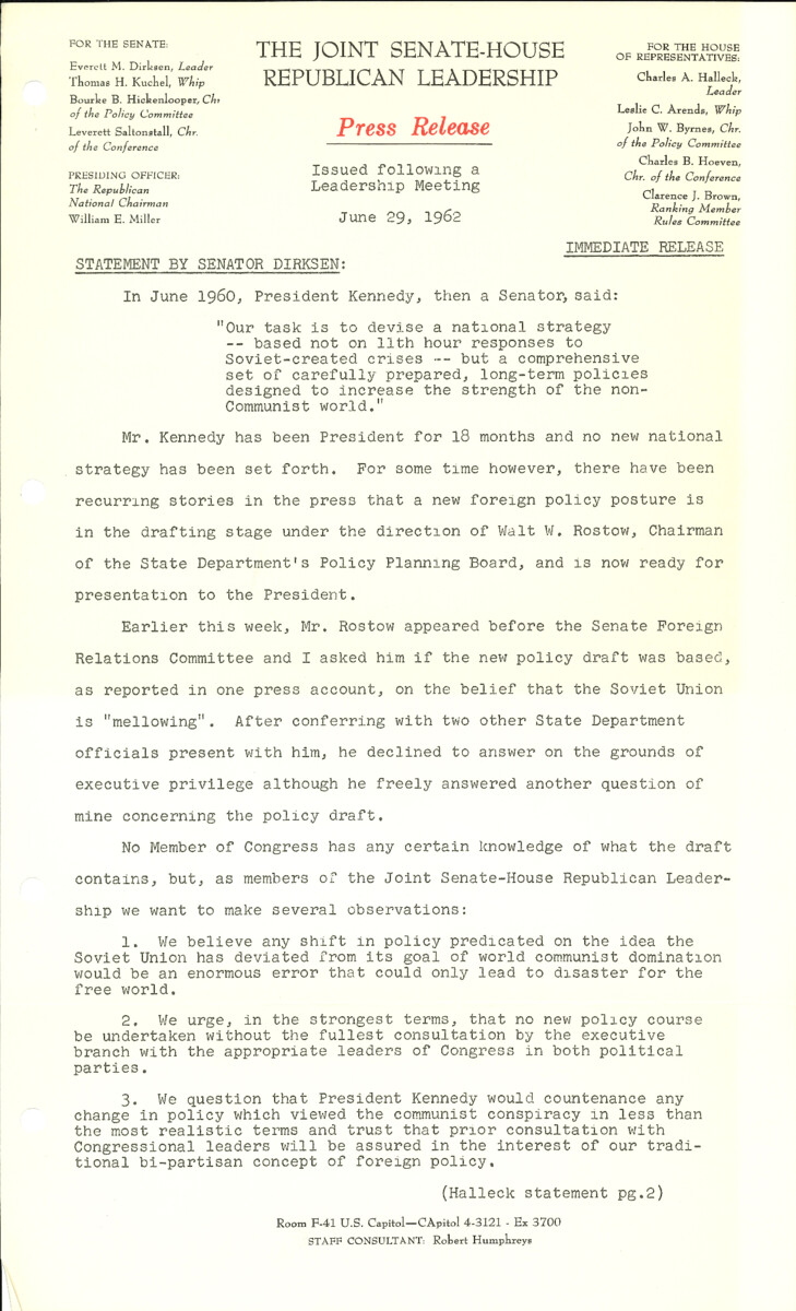 The official statement and press conference covers topics including U.S. policy toward the Soviet Union, trade and tariff legislation, tax cut proposals, the federal budget