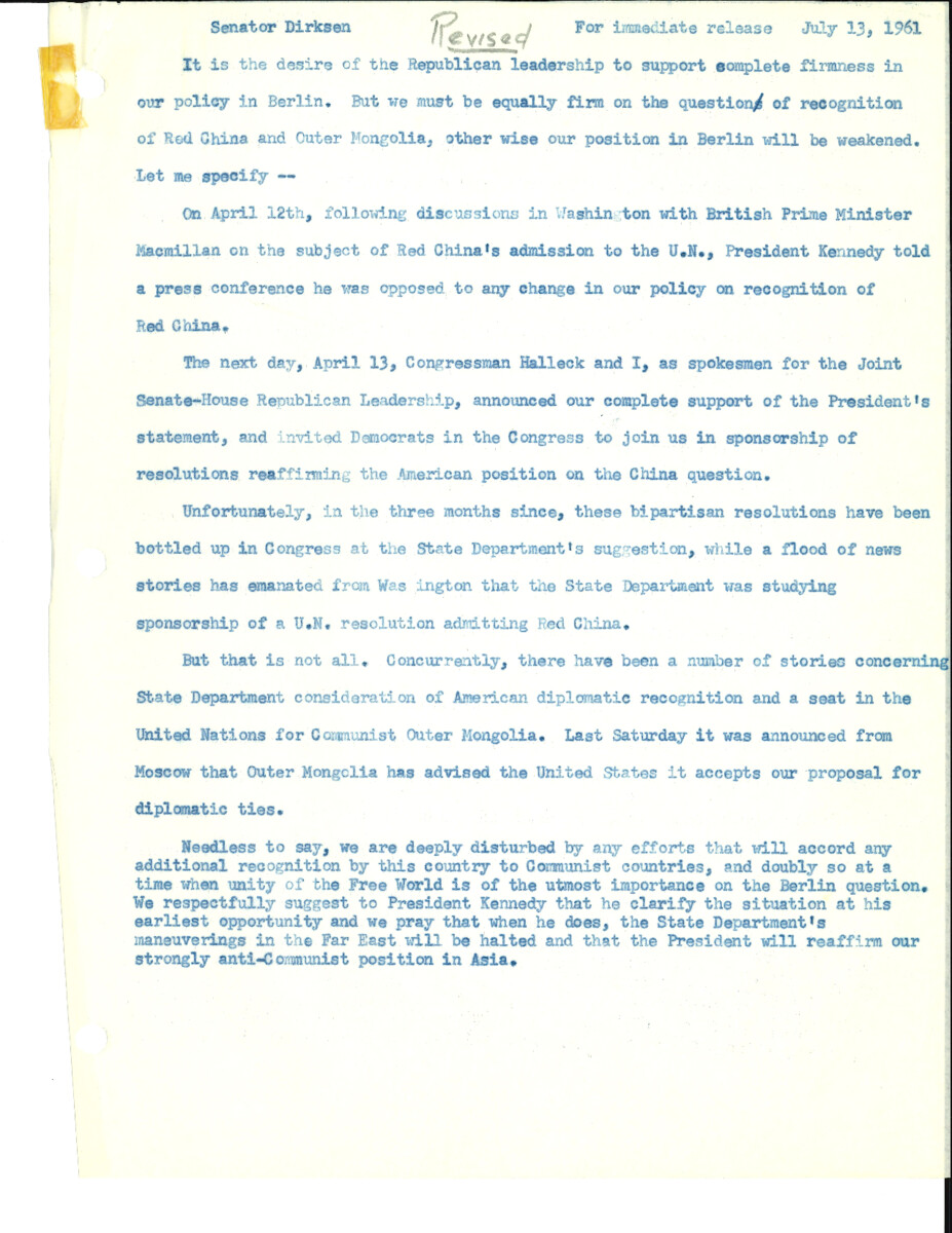 The official statement and press conference covers topics including the Berlin Crisis of 1961, proposed admission of the People's Republic of China to the United Nations, Mongolia policy, tax rebates for nuclear fallout shelters, proposed nuclear reactor construction, education legislation, and the state dinner for Pakistan's president held at Mt. Vernon