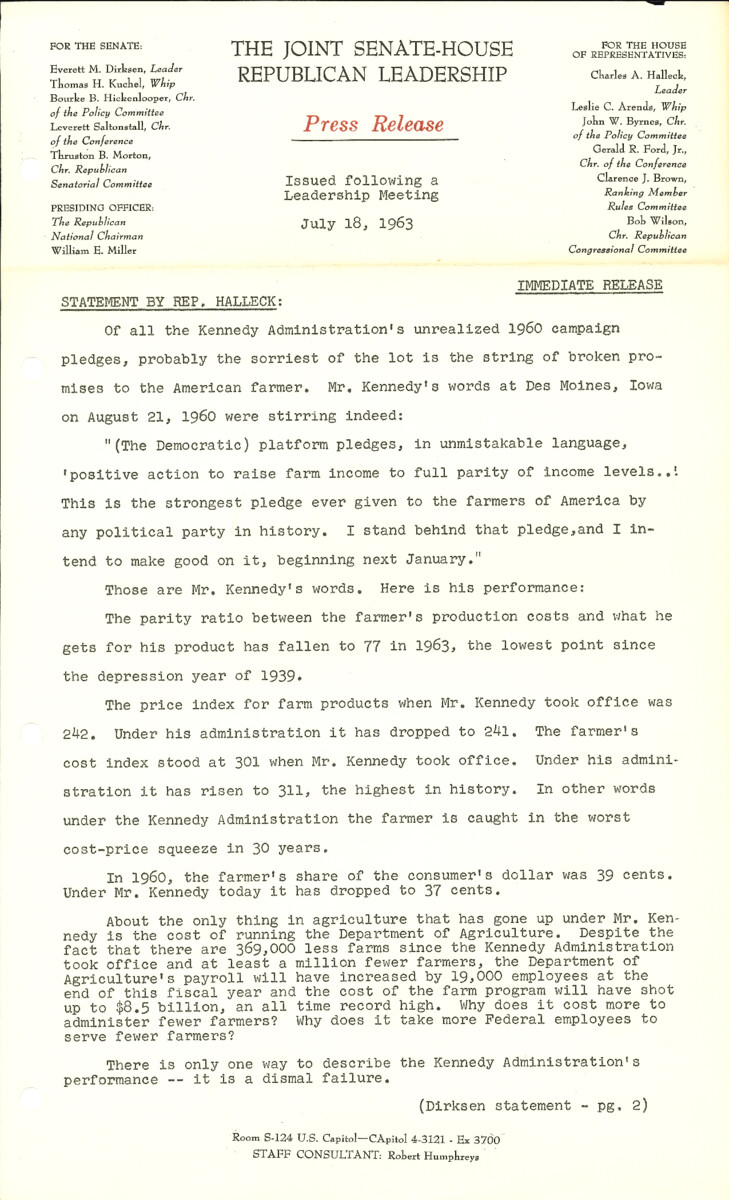 The official statement and press conference covers topics including farm policy, unemployment, civil rights legislation, the March on Washington for Jobs and Freedom, the 1964 presidential election