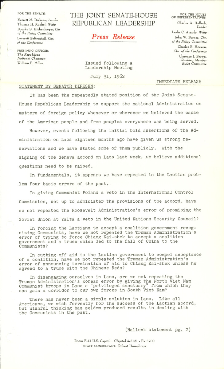 The official statement and press conference covers topics including Laos policy, the U.S. economy, tax cut proposals, public works legislation, Sen. Everett Dirksen's 1962 campaign, nuclear test ban negotiations, the satellite communications bill