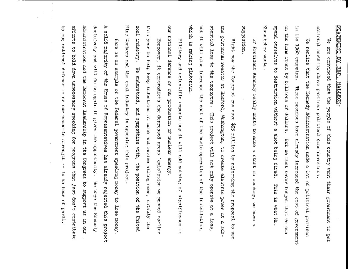 The official statement and press conference covers topics including the Hanford Washington nuclear power plant, depressed areas legislation, federal spending, the foreign aid bill, the Peace Corps, Rule 22 and the Senate filibuster, and funding for the Department of Health, Education and Welfare
