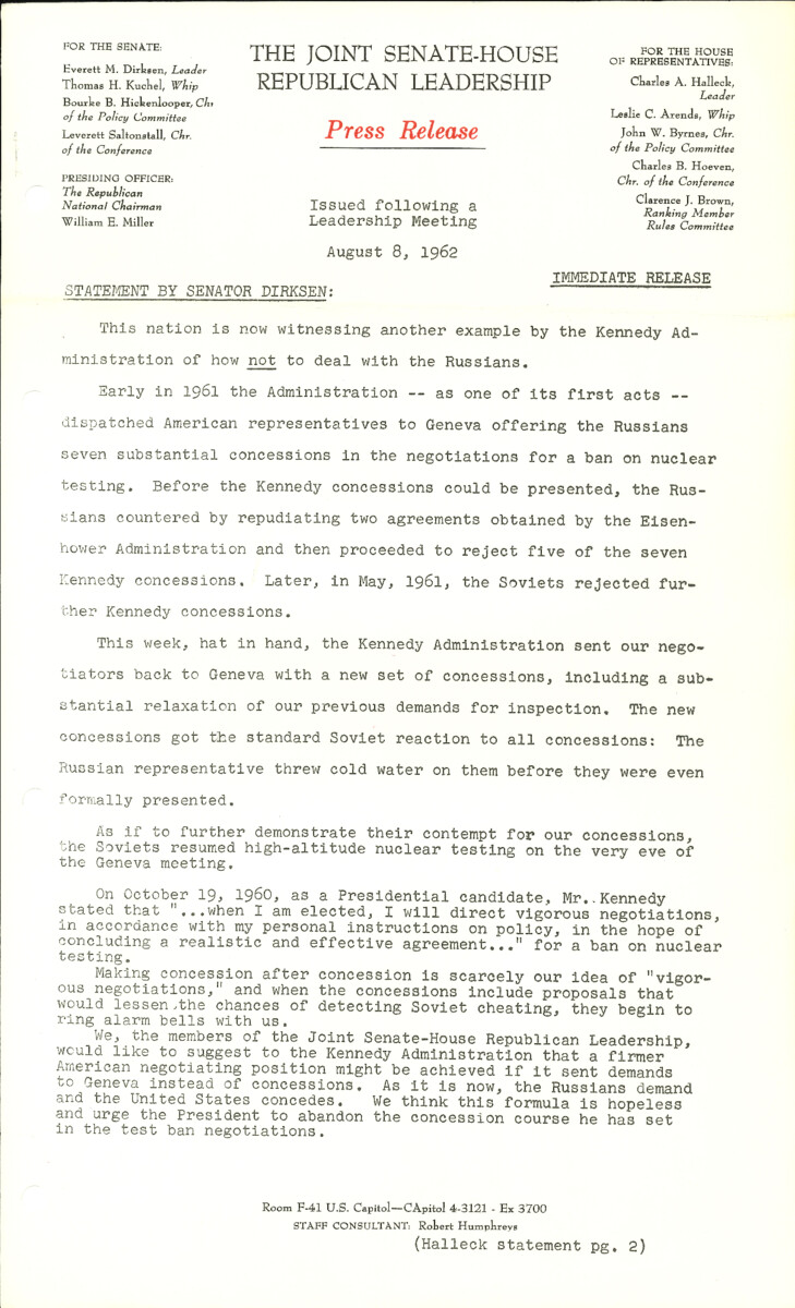 The official statement and press conference covers topics including nuclear test ban negotiations, public works legislation, Sen. Everett Dirksen's 1962 campaign, the satellite communications bill, anti-poll-tax legislation