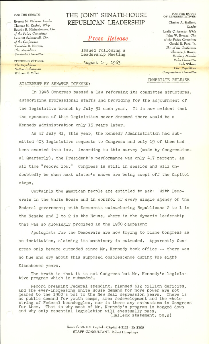 The official statement and press conference covers topics including President Kennedy's legislative proposals, tax reform legislation, the federal budget, the railroad labor dispute, congressional salaries