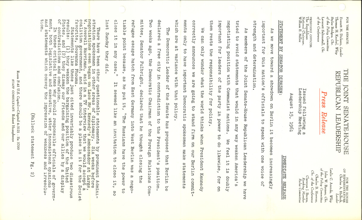 The official statement and press conference covers topics including the Berlin Crisis, nuclear test ban negotiations, the Chinese nuclear program, and the mutual aid bill