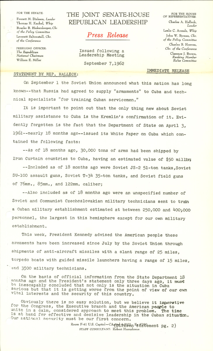 The official statement and press conference covers topics including Soviet arms shipments to Cuba, events preceding the Cuban Missile Crisis, a review of the Formosa resolution