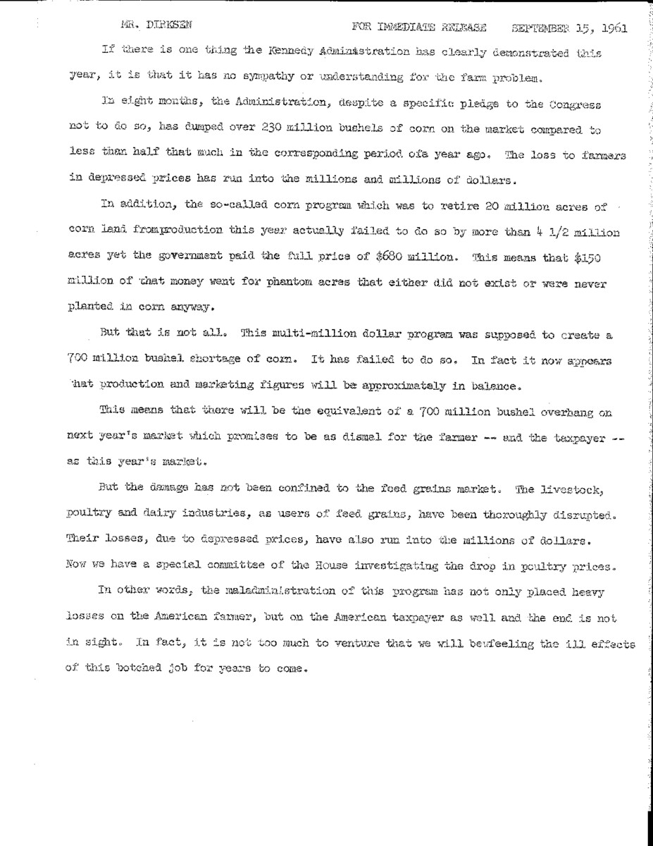 The official statement and press conference covers topics including farm policy, the federal budget, inflation, postal rates, and NASA's goal of landing a man on the moon