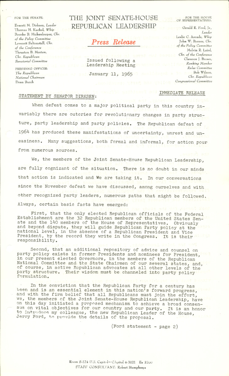 The official statement and press conference covers topics including the aftermath of the 1964 elections, the establishment of the GOP Coordinating Committee, and the leadership race for Republican National Chairman