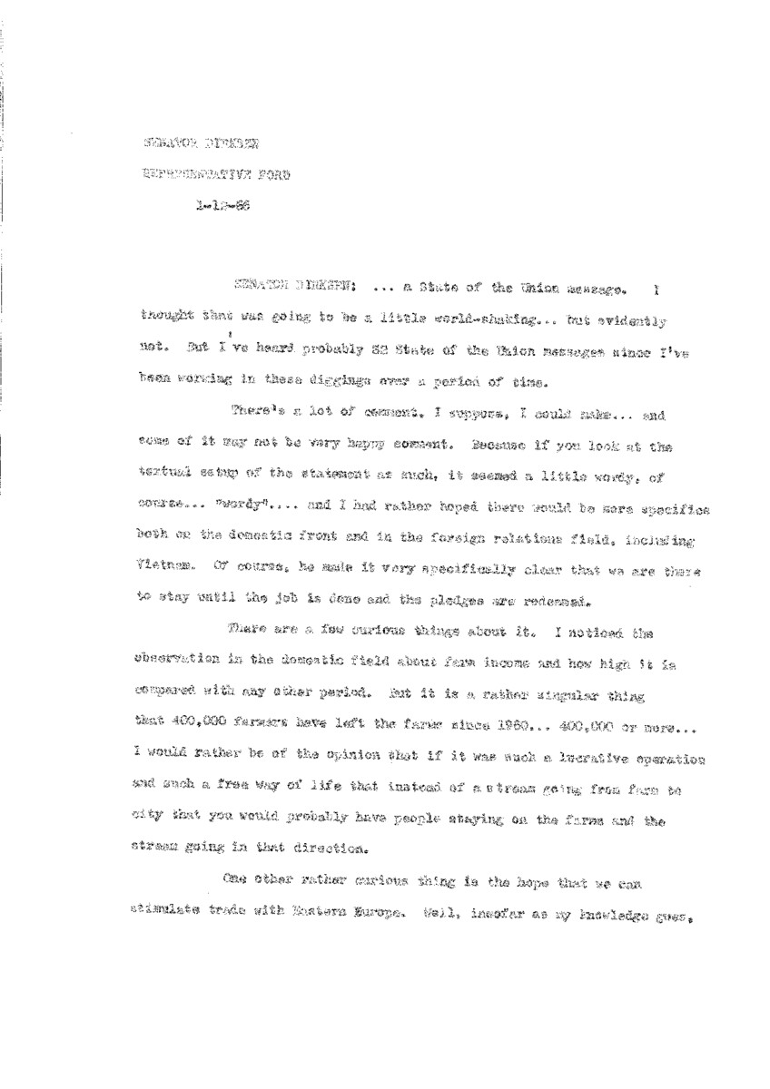 The official statement and press conference covers topics including responses to the 1966 State of the Union address, a proposal to establish the Department of Transportation, a proposal for a fair housing law, and federal spending