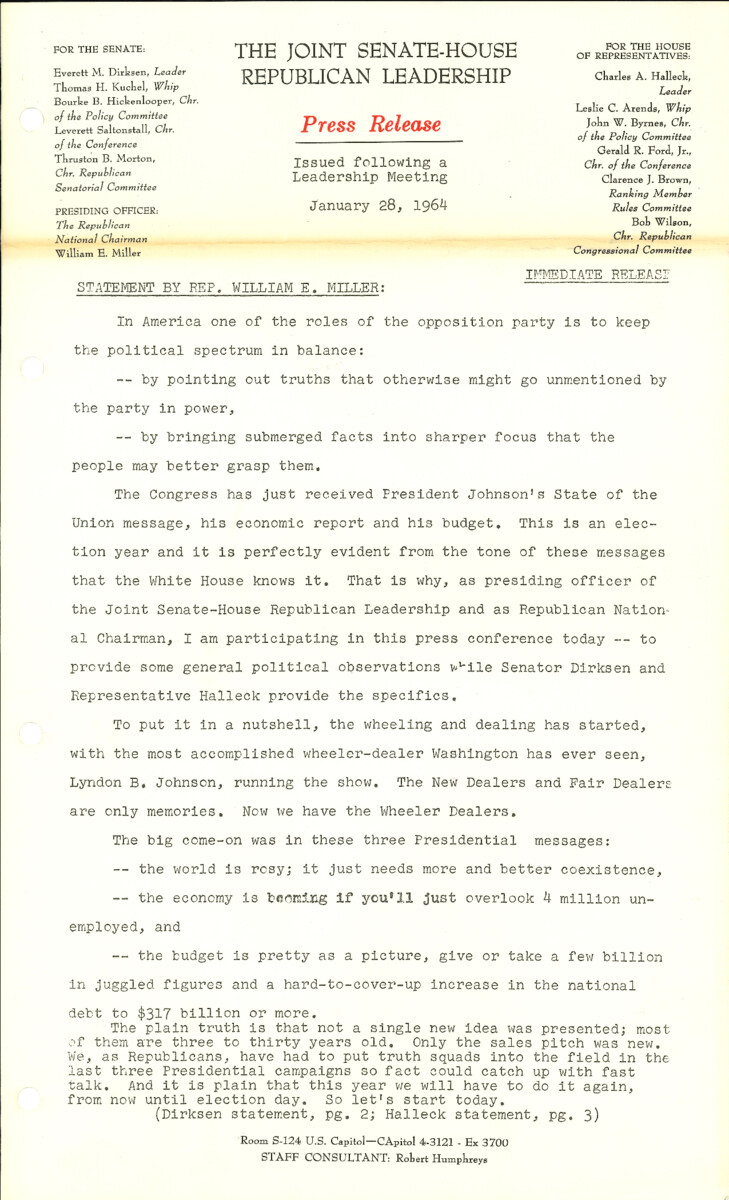 The official statement and press conference covers topics including unemployment, U.S. foreign policy on multiple continents, the Civil Rights Act of 1964, the GOP 1964 presidential primaries