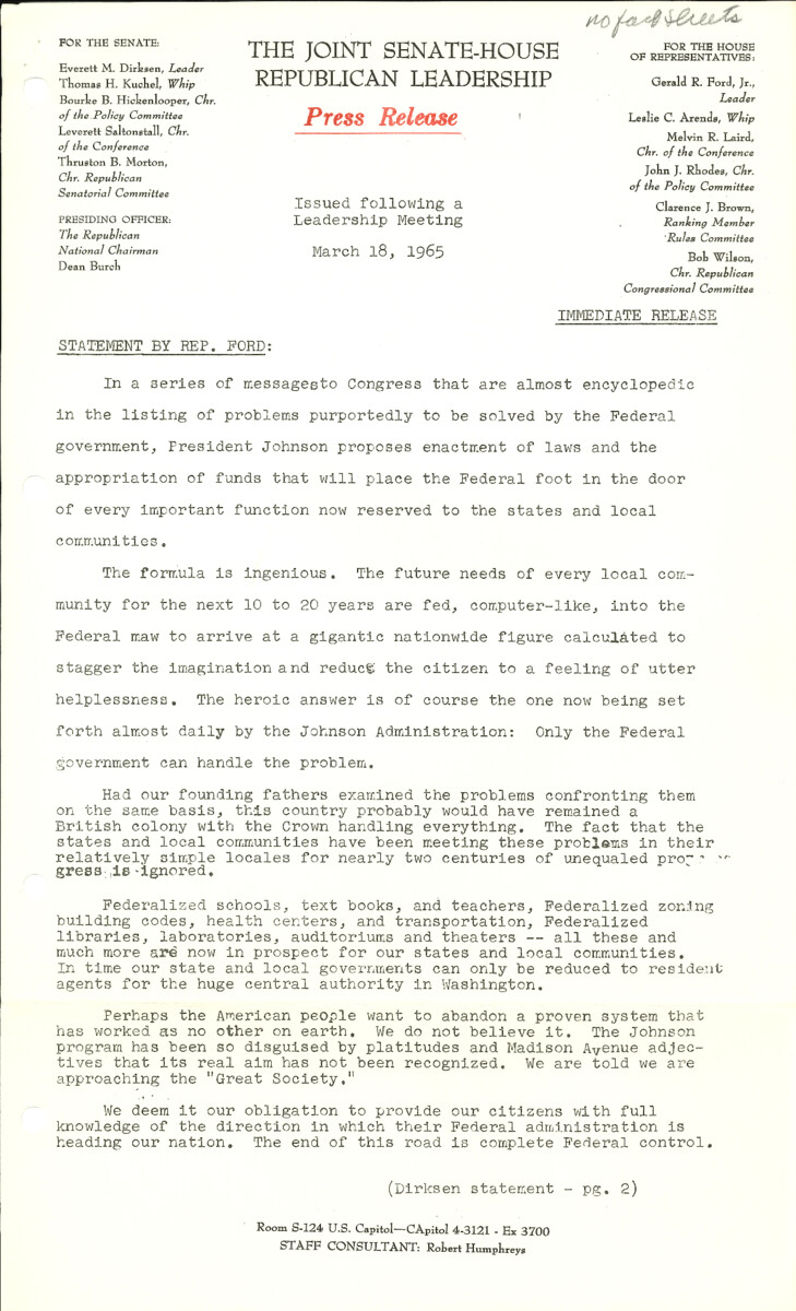 The official statement and press conference covers topics including federal powers, Great Society legislation, and voting rights legislation
