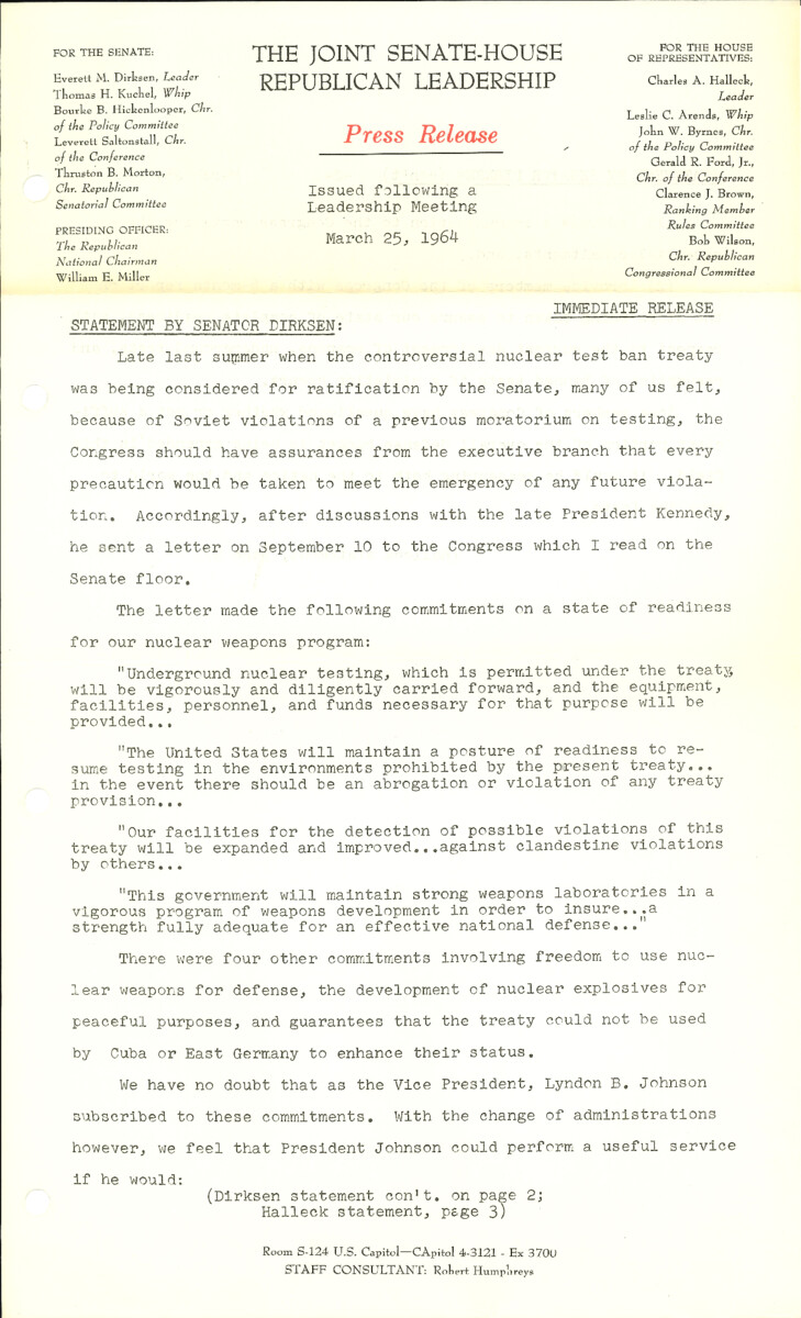 The official statement and press conference covers topics including nuclear readiness, federal spending, the War on Poverty, foreign aid, the Bobby Baker case, and the Cuba trade embargo.