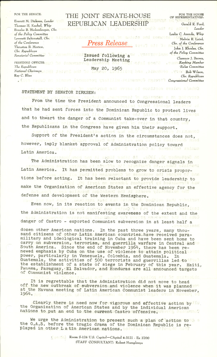 The official statement and press conference covers topics including Dominican Repblic policy, Cuba policy, the Organization of American States, and voting rights legislation