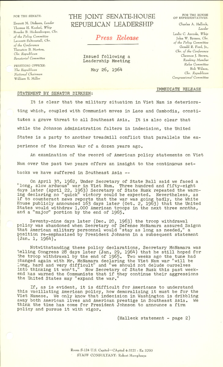 The official statement and press conference covers topics including the Vietnam War, federal spending, the Civil Rights Act of 1964, the 1964 presidential election, and the Bobby Baker case