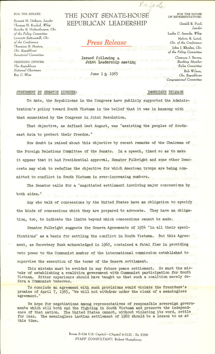 The official statement and press conference covers topics including the Vietnam War and federal election legislation