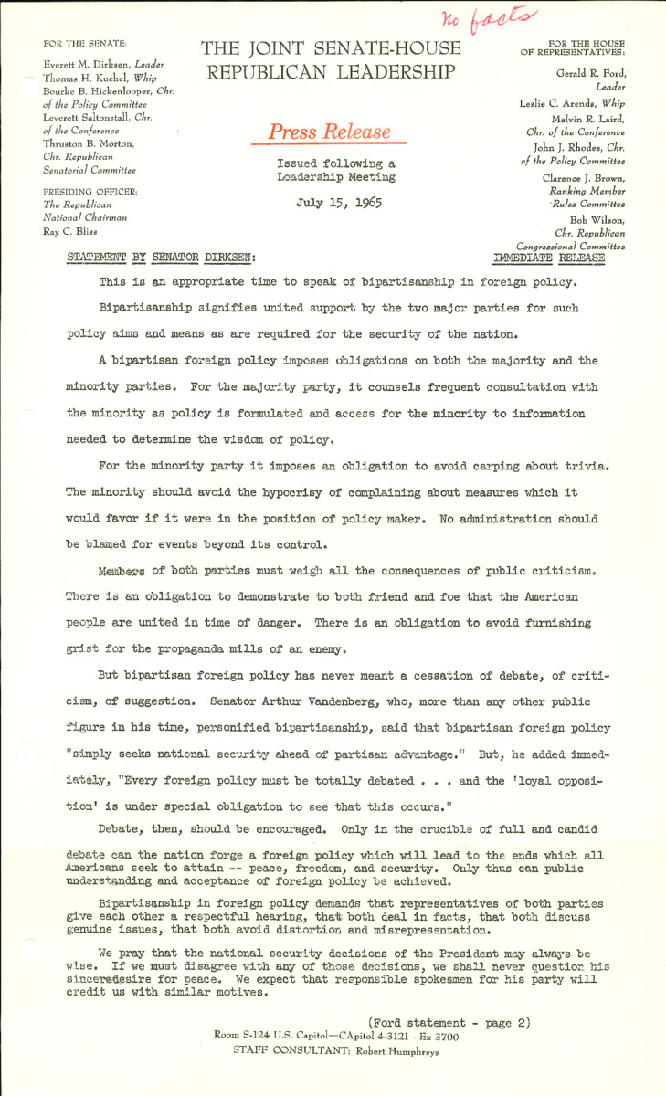 The official statement and press conference covers topics including U.S. foreign policy, the Vietnam War, Adlai Stevenson's death
