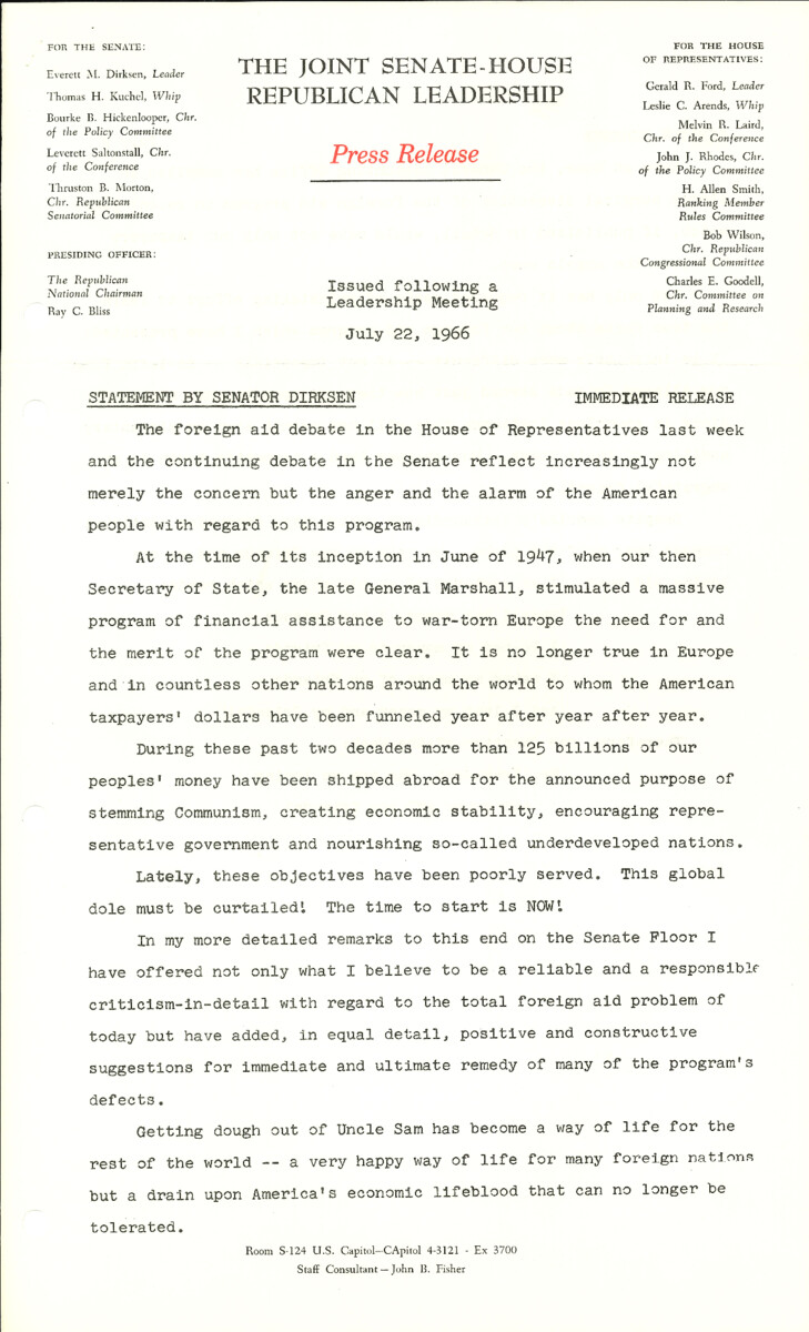 The official statement and press conference covers topics including foreign aid, inflation, federal spending, fair housing legislation, an airline strike, congressional reorganization proposals