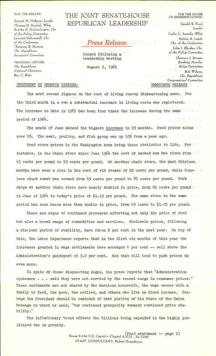 The official statement and press conference covers topics including inflation, unemployment, livestock prices, state legislative reapportionament, the Vietnam War, the Taft-Hartley Act Section 14(b)