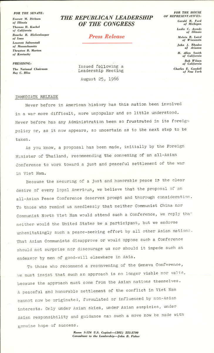 The official statement and press conference covers topics including the Vietnam War, a proposed All-Asia peace conference