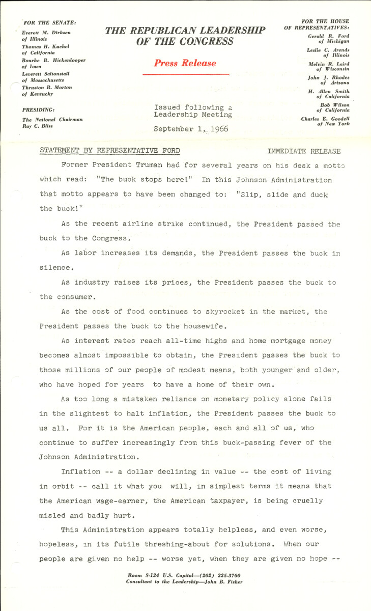 The official statement and press conference covers topics including inflation, the federal budget, propsed reduction in U.S. forces in Europe, proposed All-Asia peace conference, Adam Clayton Powell payroll scandal, the Warren Commission findings