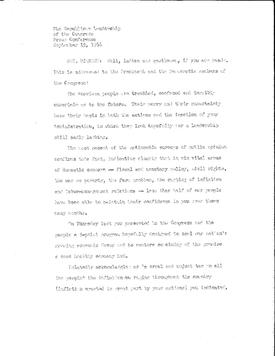 The official statement and press conference covers topics including inflation, the Vietnam War, the 1966 congressional electoins, civil rights protests, fair housing legislation, school integration proposals