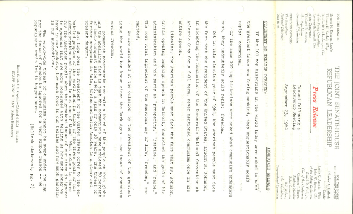 The official statement and press conference covers topics including the 1964 presidential campaign and state legislative reapportionment