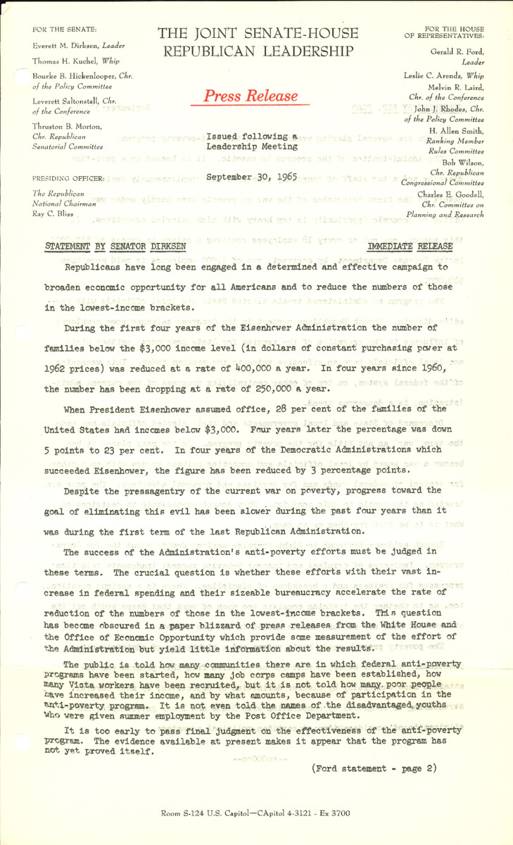 The official statement and press conference covers topics including the Taft-Hartley Act Section 14(b), anti-poverty efforts, the John Birch Society, and D.C. home rule legislation