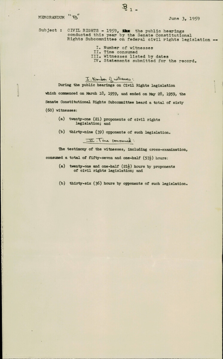 Memorandum B Outlines The Senate Constitutional Rights Subcommittee Hearings On Federal Civil Rights Legislation, Which Featured Testimony From 60 Witnesses. It Highlights The Diverse Viewpoints Presented And Includes Statements Submitted By Various Organizations And Individuals.