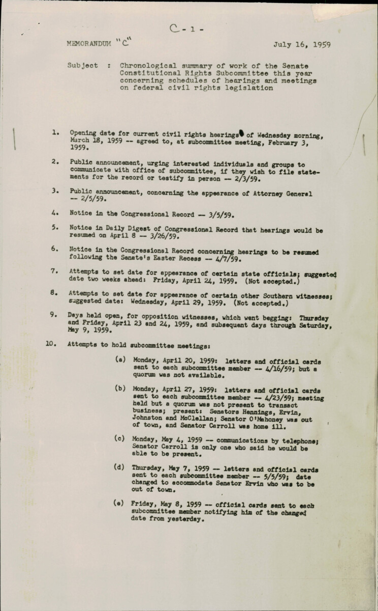 Memorandum C Chronological Summary Of The Senate Constitutional Rights Subcommittee's Efforts This Year To Advance Federal Civil Rights Legislation, Including Public Hearings, Scheduling Challenges, And The Eventual Vote To Report A Clean Bill (s. 2391). It Highlights The Complex Process Of Addressing Civil Rights In A Divided Legislative Environment.