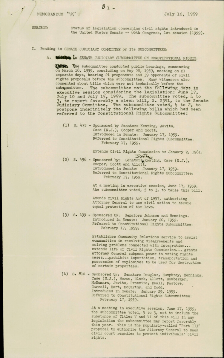Memorandum A Outlines The Status Of Civil Rights Legislation In The 86th Congress, Highlighting Hearings, Votes, And Pending Bills Across Senate Committees. Key Measures Address Voting Rights, Desegregation, Anti-discrimination, And Criminal Code Amendments, Aiming To Strengthen Federal Enforcement And Civil Liberties