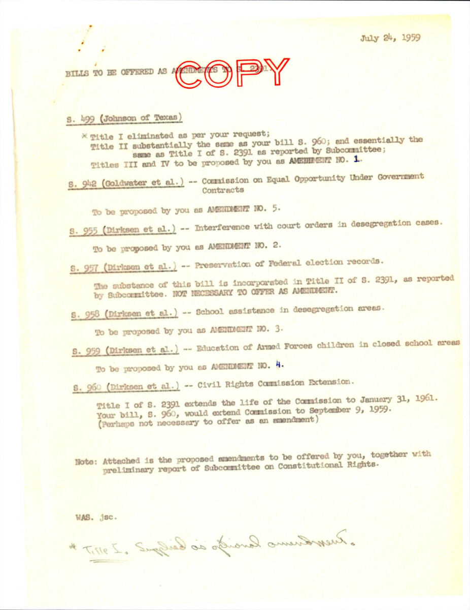 Summary Of Legislation Proposals To Amend The Commission On Civil Rights;s.499, S.942, S.955, S.957, S.958, S.959, S.960 Detailing Equal Opportunity In Government Contracts, Interference With Court Orders In Desegregation Cases, Federal Election Records Retention, School Assistance In Desegregation Areas, Education Of Armed Forces Children In Closed School Areas, Extension Of The Civil Rights Commission