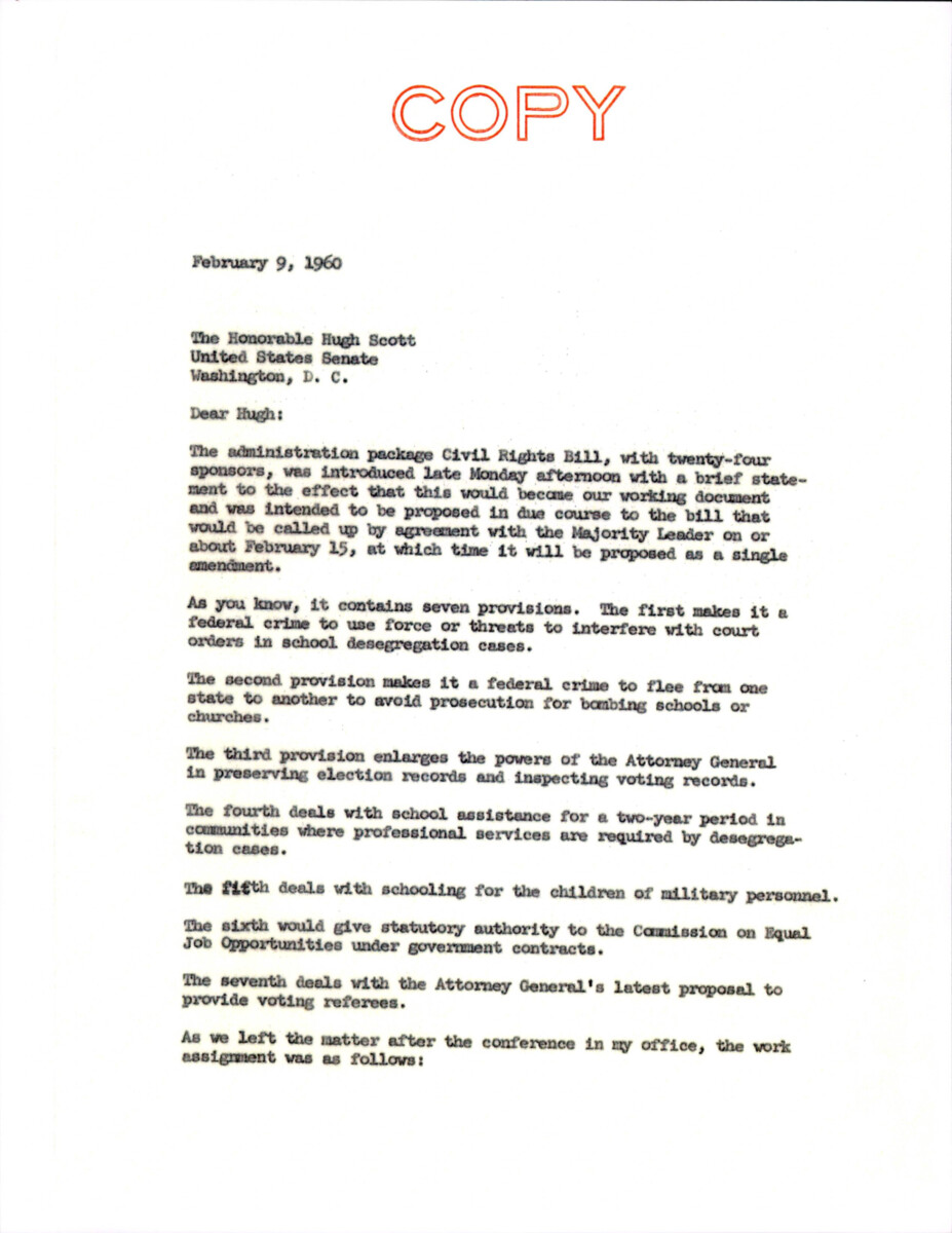 Duplicate Of A Letter To Senator Scott With A Summary Of The Civil Rights Bill With Work Assignments.