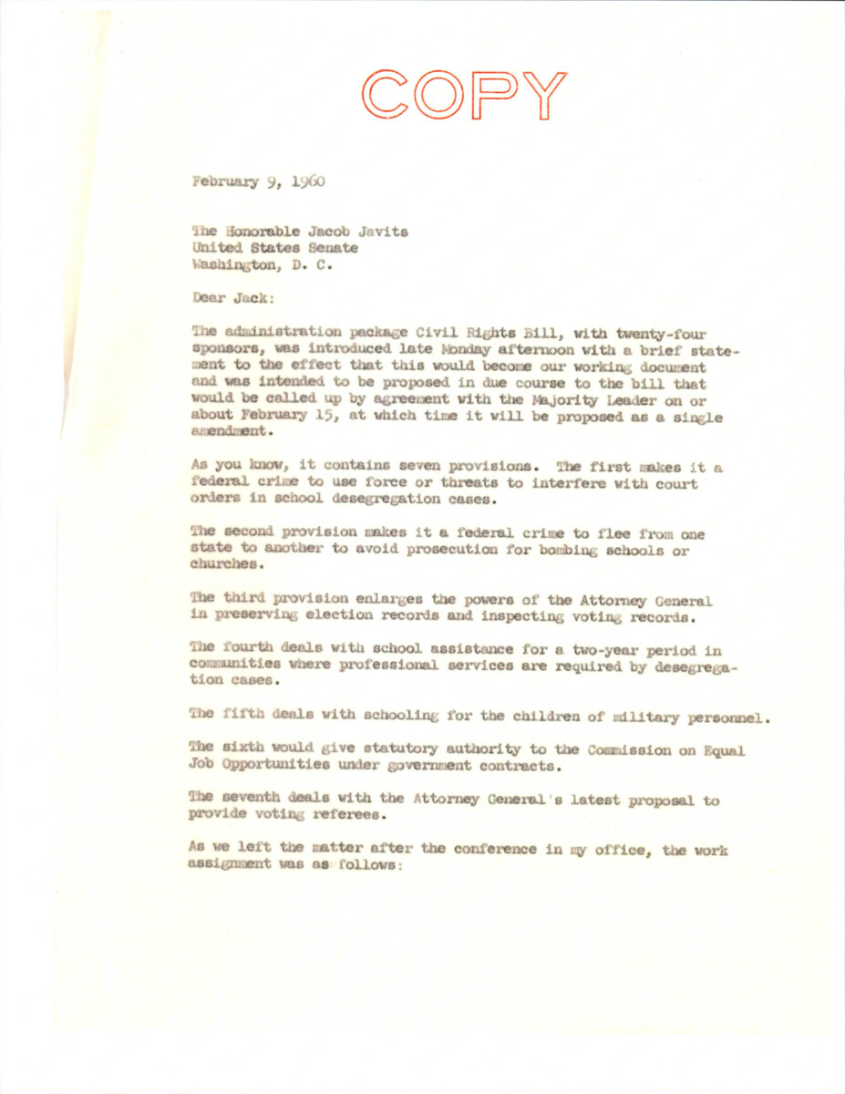 Duplicate Of A Letter To Senator Javits With A Summary Of The Civil Rights Bill With Work Assignments.