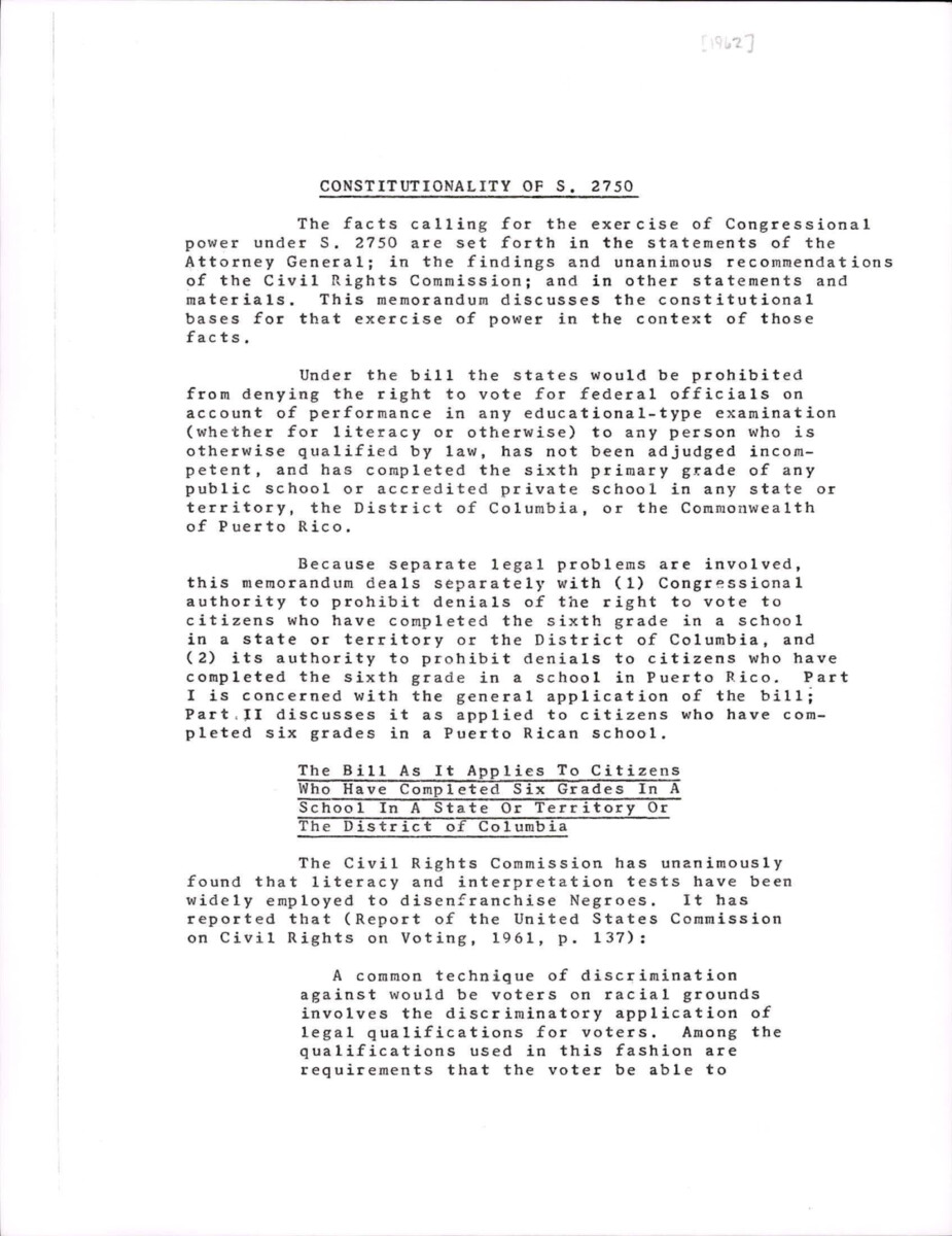 Constitutionality Of S. 2750 Regarding Literacy And Interpretation Tests.