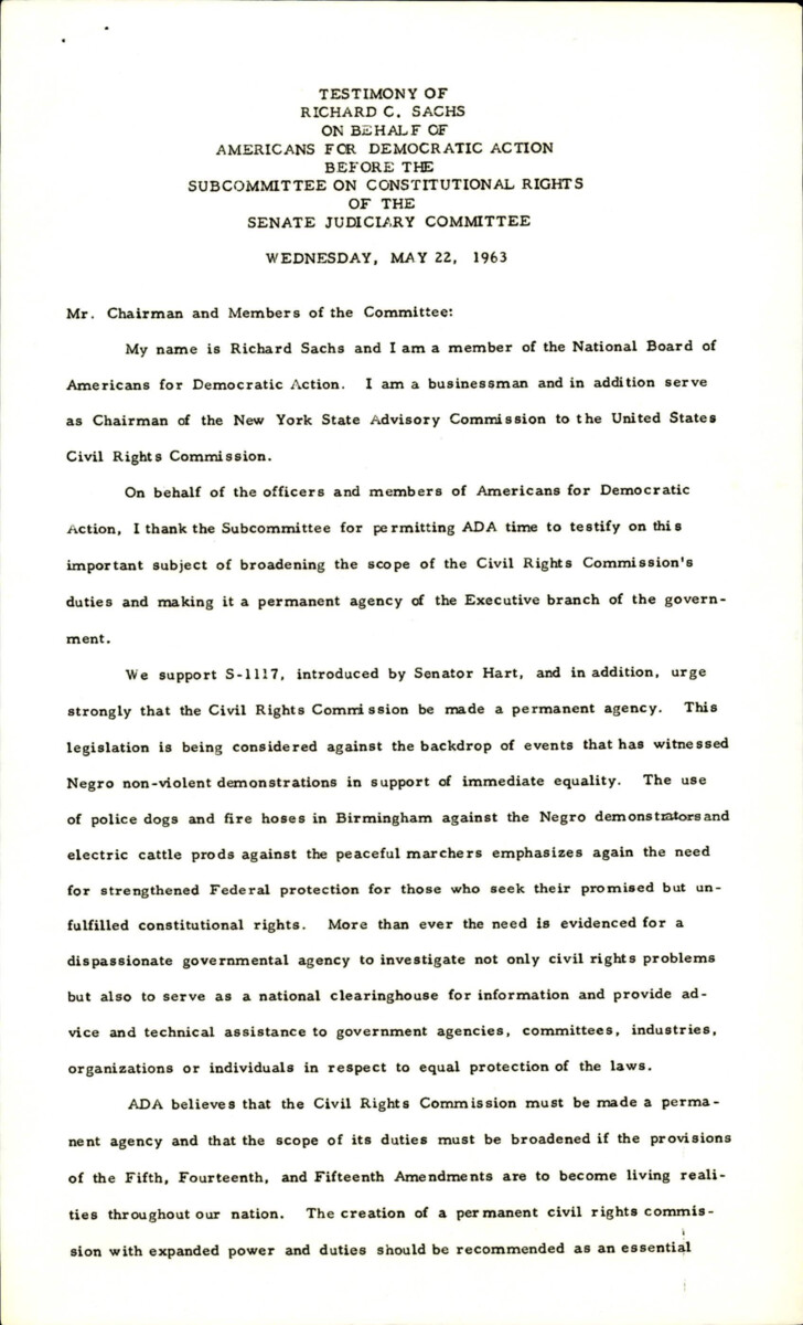 Testimony Of Richard Sachs Regarding The Broadening Of The Civil Rights Commission