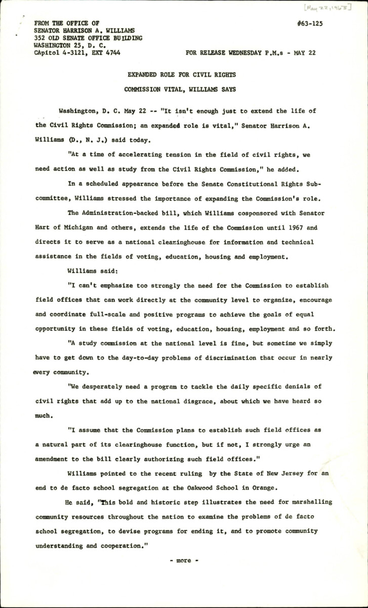 Press Release From Senator Harrison Williams Regarding The Expanding Role For Civil Rights.