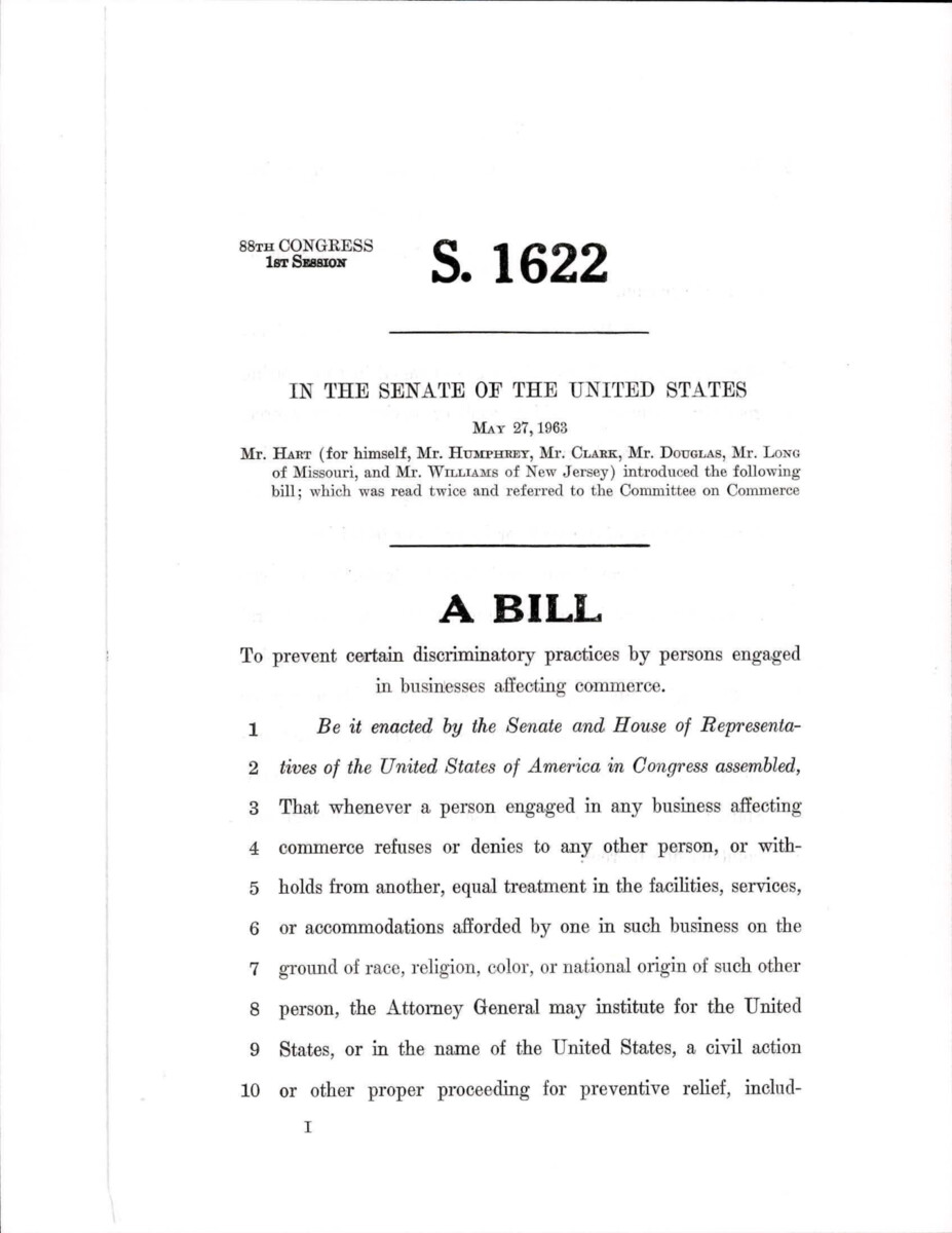 Bill Introduced By Sen. John Hart To Prevent Discriminatory Practices By Persons Engaged In Business Affecting Commerce. This Includes Trade, Traffic, Commerce, Transportation, And Communication In All Territory Of The United States.