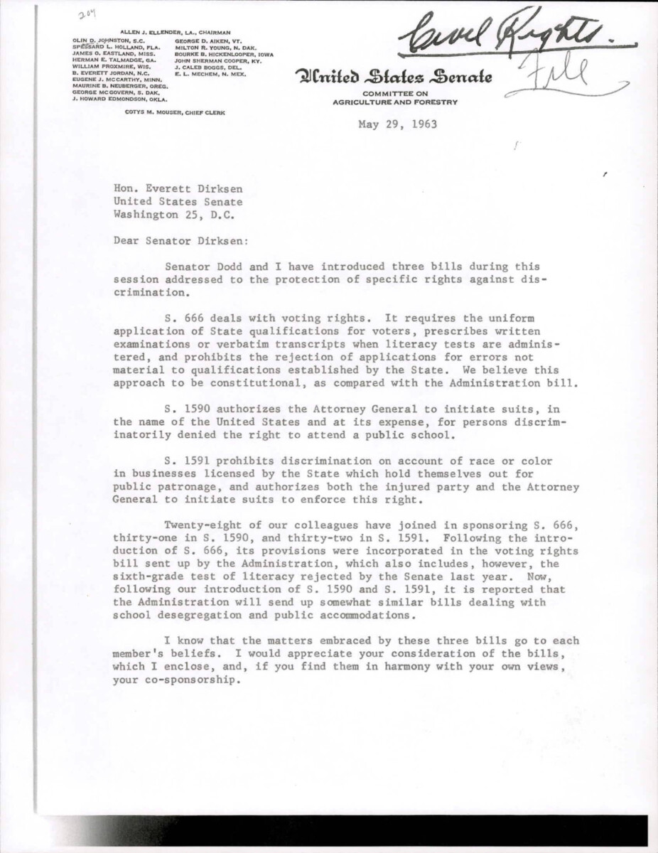 Letter From Senator John Sherman Cooper To Senator Dirksen About Three Bills He Introduced: S. 666, Which Deals With Voting Rights;s. 1590, Which Authorizes The Attorney General To Initiate Suits Against Persons That Discriminatory Denied Children The Right To Attend Public School;s. 1591 Prohibits Discrimination In Businesses Licensed By The State And Allows The Attorney General To Initiate Suits.