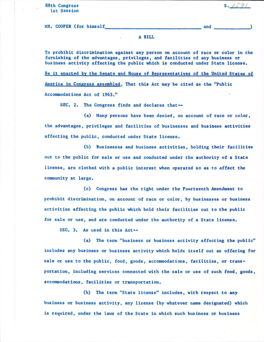 Bill S. 1591 Public Accommodations Act Of 1963 To Prohibit Discrimination On The Basis Of Race Or Color.