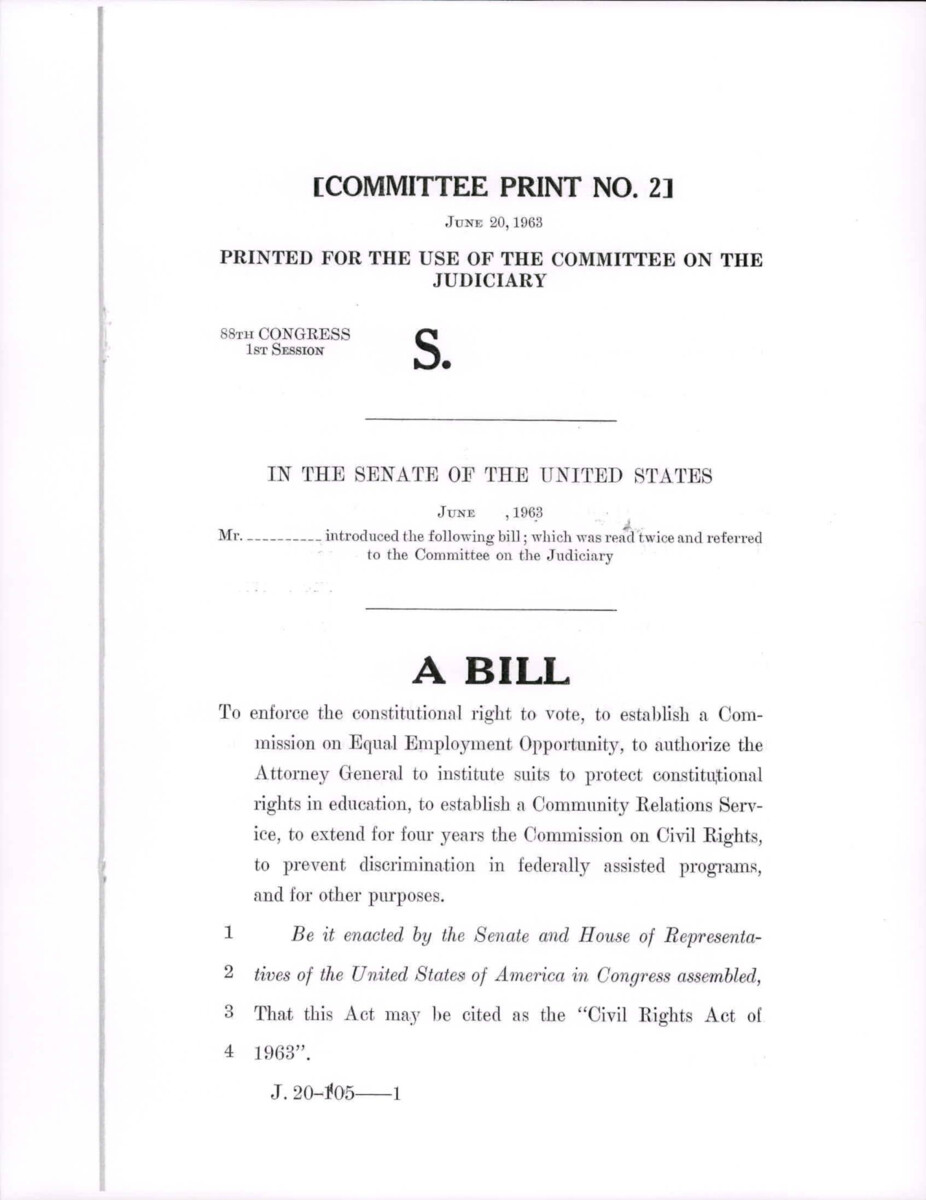 Bill S. Civil Rights Act Of 1963, Supporting Voting Rights, Establish A Commission On Equal Employment Opportunity, Desegregate Public Education, Establish A Community Relations Service, Extend Commission On Civil Rights For Four Years, Prevent Discrimination In Federally Assisted Programs.
