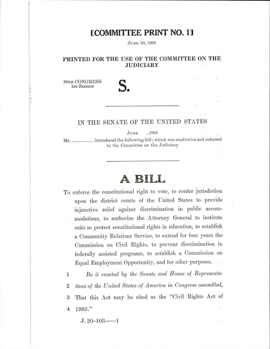 Bill S. Civil Rights Act Of 1963, Supporting Voting Rights, Establish A Commission On Equal Employment Opportunity, Desegregate Public Education, Establish A Community Relations Service, Extend Commission On Civil Rights For Four Years, Prevent Discrimination In Federally Assisted Programs.