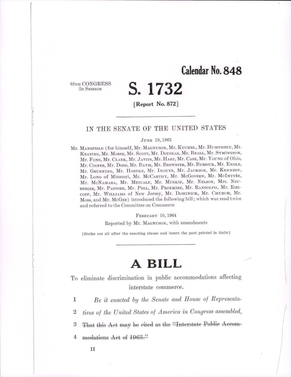 S. 1732 Interstate Public Accommodations Act Of 1963, Prohibit Discrimination In Public Accomodations Affecting Interstate Commerce, And Declaring Federal Jurisdiction In Legal Cases Of This Nature.