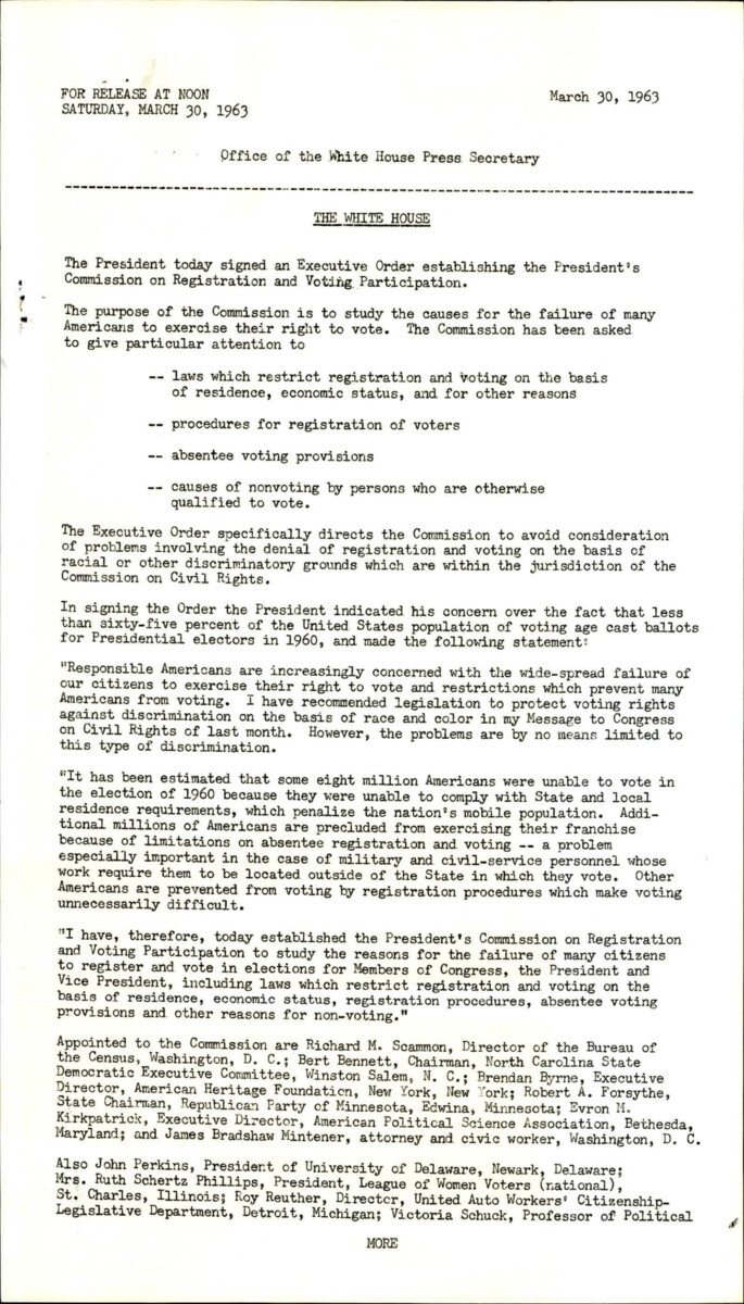 White House Press Release Documenting John F. Kennedy's Executive Order Establishing The President's Commission On Registration And Voting Participation. An Argument And A Detailed Appointee List To The Commission Is Provided.