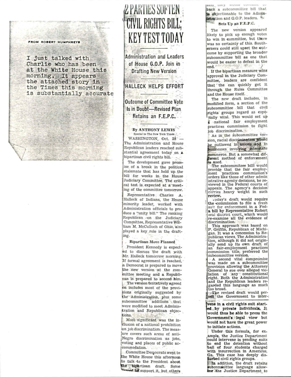 Charles Halleck's Visit To The White House Substantiated The Claims In The Newspaper Article Discussing The Softening Of The Civil Rights Bill. Notes On A National Prohibition On Job Discrimination, Adjustments To The Interstate Commerce Section Making Exclusions For Some Establishments, Except For When Prohibited By State Law, And Language Changes To The Voting Rights Section.