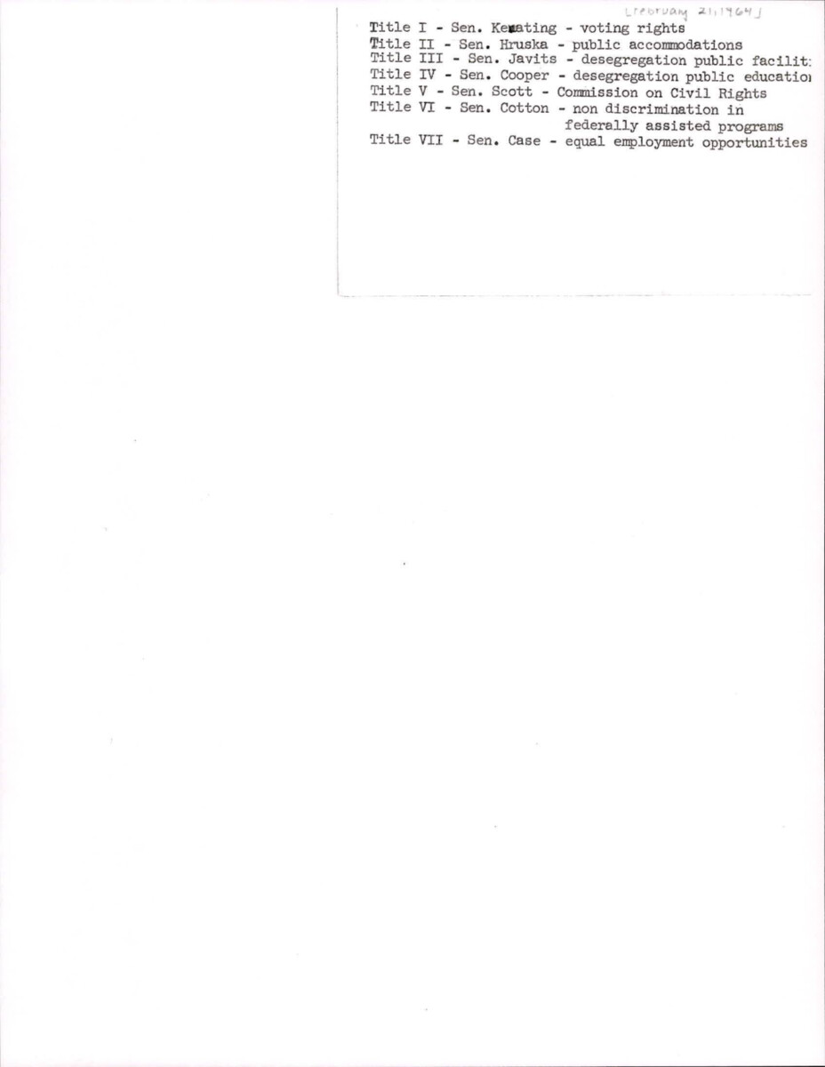 Senators Appointed By Dirksen And What Titles Of The Civil Rights Act They Are In Charge Of.