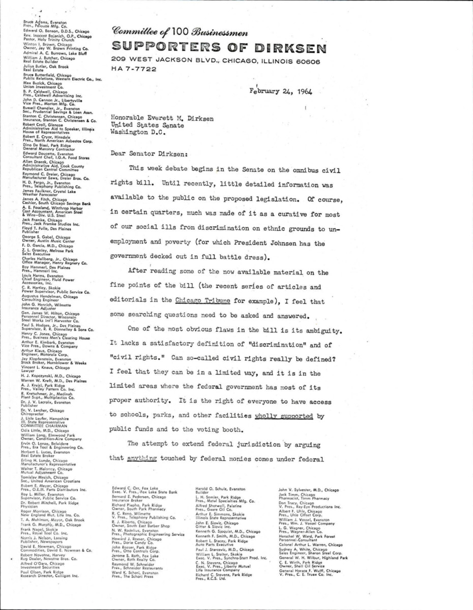 Letter From Bruce Butterfield Of Chicago's Committee Of 100 Businessmen To Dirksen Criticizing The Language Of The Civil Rights Bill Stating That It Would Only Lead To More Discrimination.