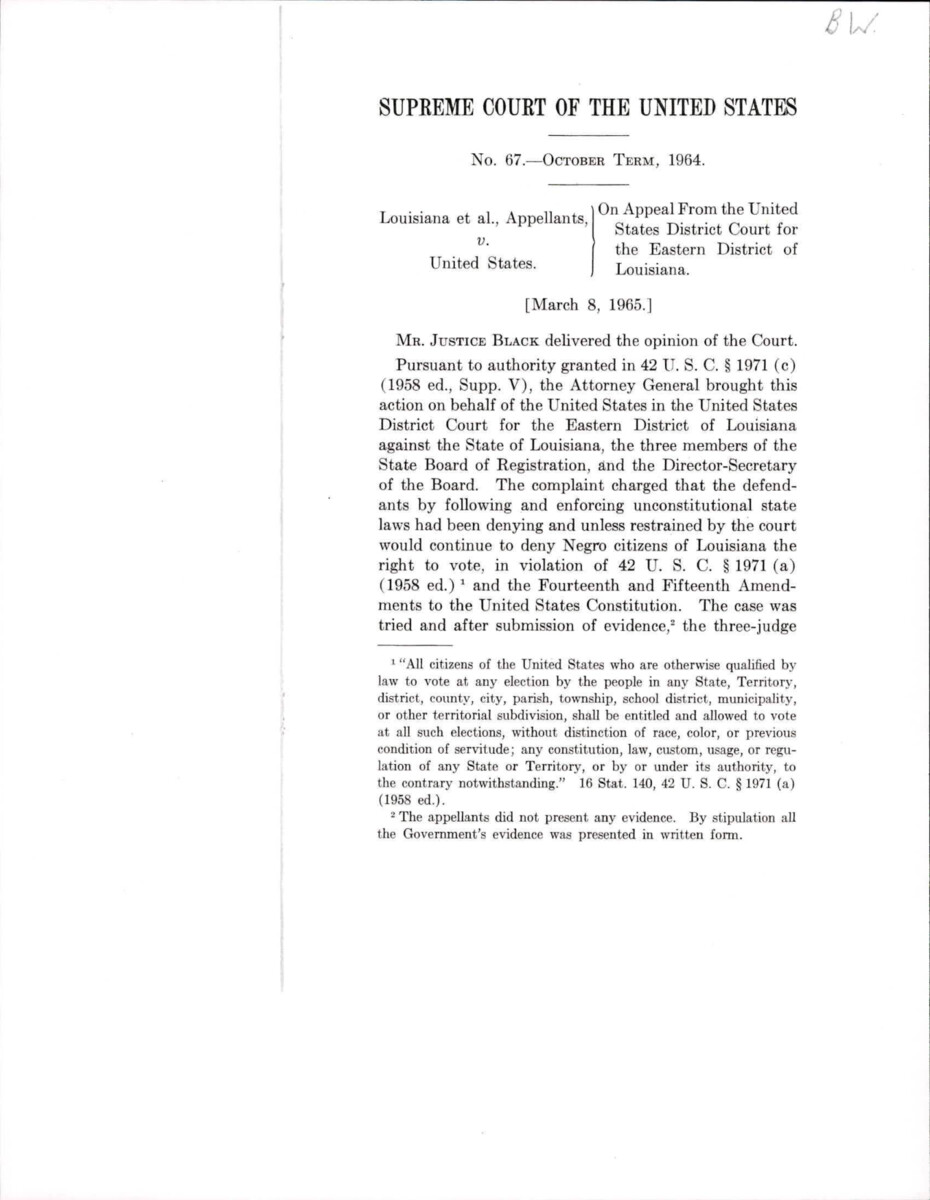 Louisiana V. U.S. Supreme Court Case Affirming That The U.S. Attorney General Has The Right To Bring Suits Against States That Violate The Rights Of Their Citizens. In This Case The 14th And 15th Amendments.