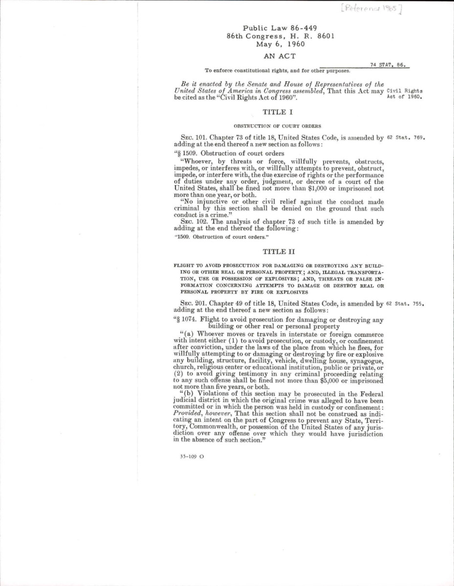 Civil Rights Act Of 1960 Public Law Used In 1965 While Drafting New Legislation. This Act Dealt With Different Aspects Of Civil Rights And Discrimination Including Voter Registration And Penalties For Those Who Would Obstruct Someone's Rights To Register To Vote, Extending The Civil Rights Commission And Penalties For Interfering With School Desegregation.