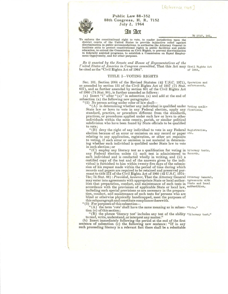 Civil Rights Act Of 1964 Used In 1965 To Draft New Civil Rights Legislation. The Civil Rights Act Of 1964 Was Designed To Enforce The Right To Vote, Give Jurisdiction To U.S. District Courts To Prosecute Cases To Discrimination In Public Accommodations, And Further Extend The Commission On Civil Rights.