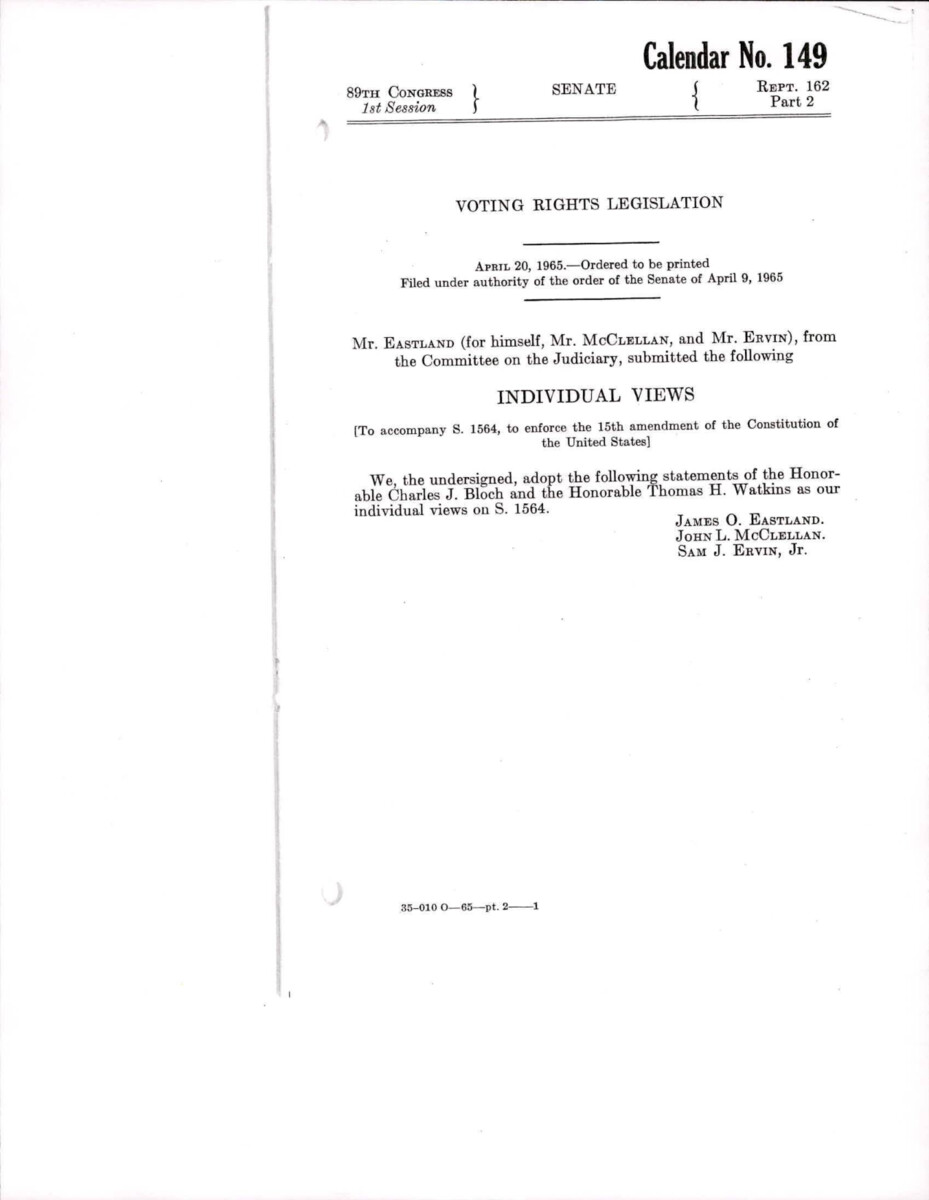 Statements Regarding Voting Rights Legislation Given By Judges Charles J. Bloch And Thomas H. Watkins On Their Views Of S.1564, Which Later Became The Voting Rights Act Of 1965.