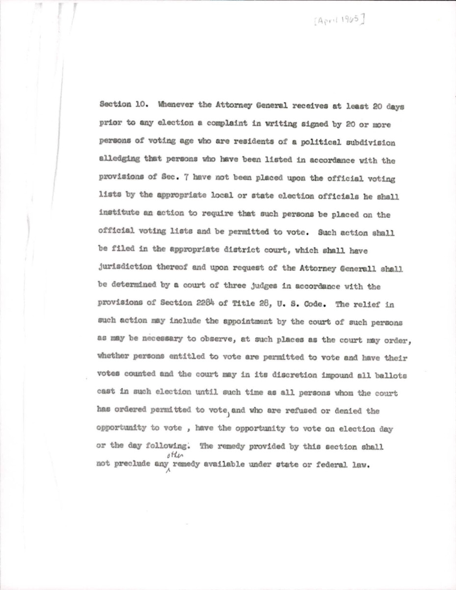 Notes On Section 10 Of The Voting Rights Act Of  1965 Before It Became Law. These Notes Explain What Section 10 Is.